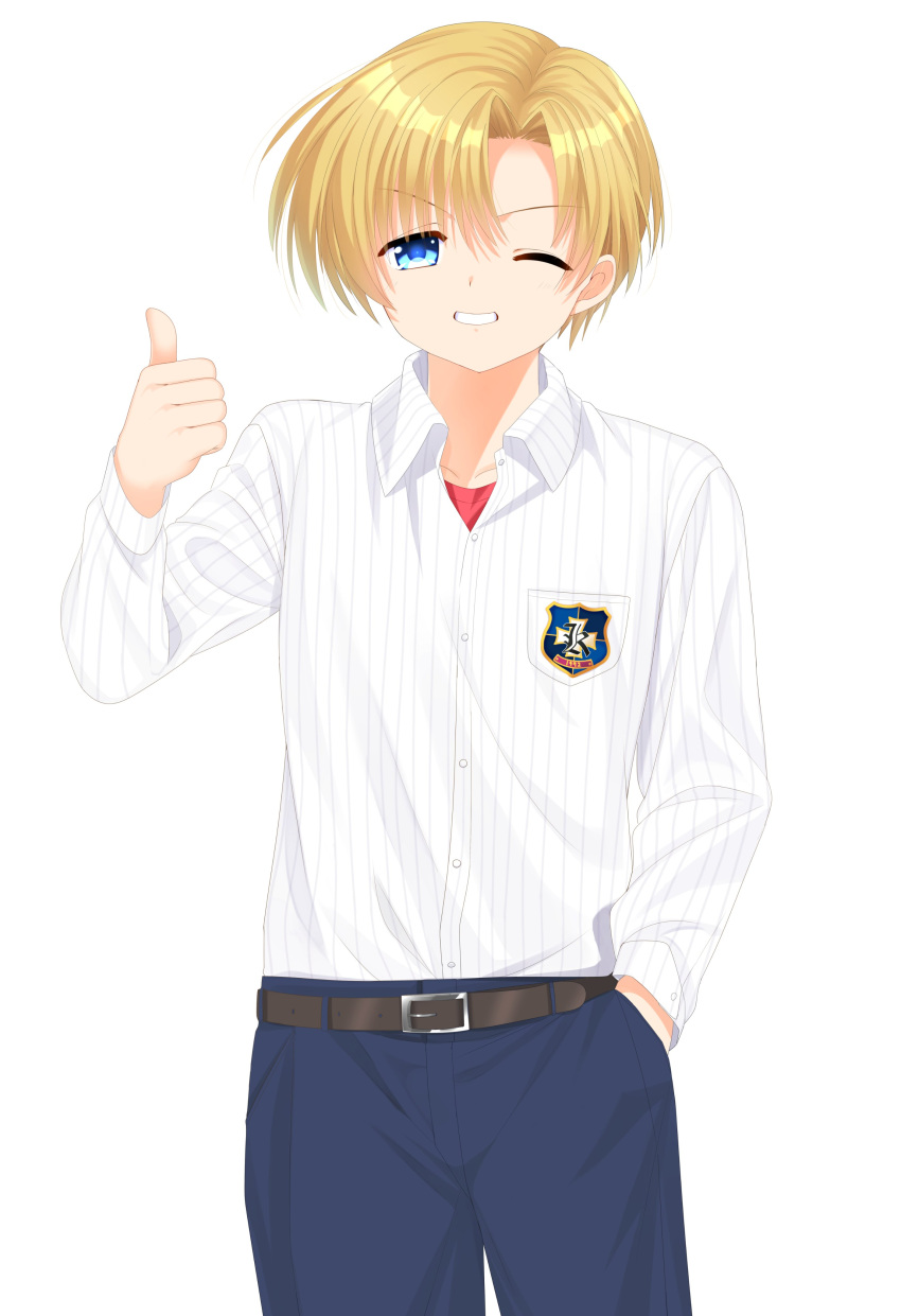 1boy absurdres blonde_hair blue_eyes blue_pants clannad collared_shirt commentary_request cowboy_shot eyes_visible_through_hair grin hair_between_eyes hand_in_pocket hand_up highres hikarizaka_private_high_school_uniform long_sleeves looking_at_viewer otou_(otou_san) pants school_uniform shirt short_hair smile solo standing sunohara_youhei thumbs_up v-shaped_eyebrows white_shirt