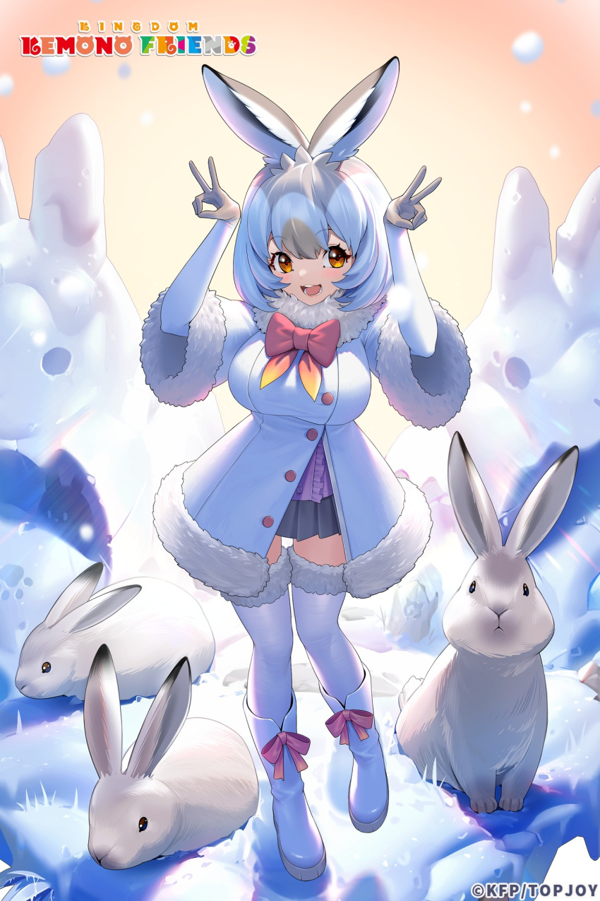 1girl animal animal_ears boots bow bowtie coat copyright_name elbow_gloves extra_ears gloves highres kemono_friends kemono_friends_kingdom looking_at_viewer mountain_hare_(kemono_friends) official_art outdoors rabbit rabbit_ears rabbit_girl red_eyes short_hair skirt snow snowman thighhighs white_hair