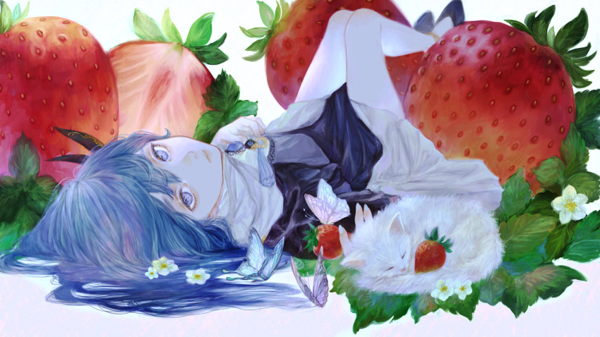 1girl absurdres blue_eyes blue_hair bug butterfly cat ciel_(kamitsubaki_studio) commentary dress flower food fruit full_body highres kamitsubaki_studio leaf long_hair looking_at_viewer lying on_back oversized_food oversized_object shirone_(coxo_ii) shoes solo strawberry symbol-only_commentary virtual_youtuber white_background