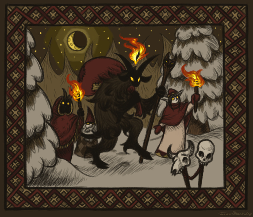 ambiguous_gender anthro beard bone bovid caprine caprine_demon clothed clothing crescent_moon dark_body dark_fur demon demon_humanoid dwarf elf facial_hair fire forest fur gloves glowing glowing_eyes goat goat_demon group handwear hat headgear headwear hi_res holding_object holding_staff holding_torch hood hooves horn humanoid humanoid_pointy_ears male mammal melee_weapon moon night nude outside plant pointy_hat polearm sack skull snow staff star tail taraelblackwing torch tree walking weapon winter yellow_eyes