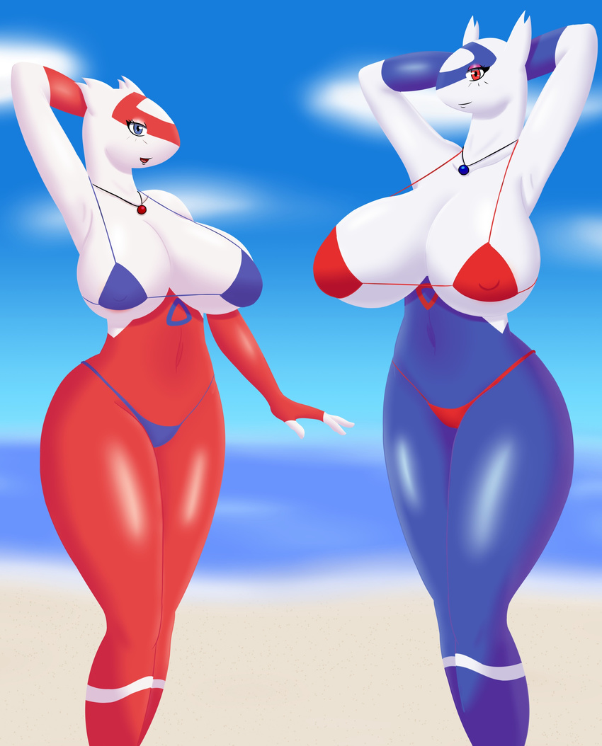 2016 absurd_res anthro anthrofied beach big_breasts bikini blue_eyes blue_skin bra breasts clothed clothing cloud crossgender day deadpliss_(artist) duo female hi_res huge_breasts jewelry latias latios legendary_pok&eacute;mon looking_at_viewer navel necklace nintendo nipple_bulge open_mouth outside pok&eacute;mon pok&eacute;morph raised_arm red_eyes red_skin sand seaside skimpy sky smile swimsuit thick_thighs tongue underwear video_games water white_skin wide_hips