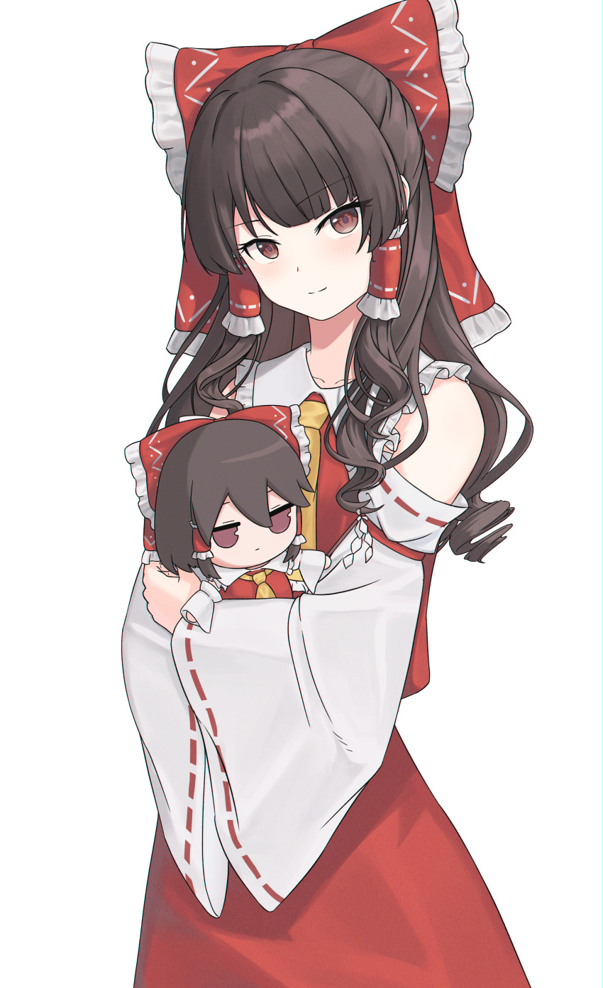 1girl absurdres ascot brown_eyes brown_hair character_doll collared_shirt detached_sleeves frilled_shirt_collar frills fumo_(doll) hakurei_reimu highres light_smile lillust long_hair looking_at_viewer red_shirt red_skirt red_vest ribbon-trimmed_sleeves ribbon_trim shirt sidelocks simple_background skirt skirt_set sleeveless sleeveless_shirt touhou vest white_background white_sleeves wide_sleeves yellow_ascot