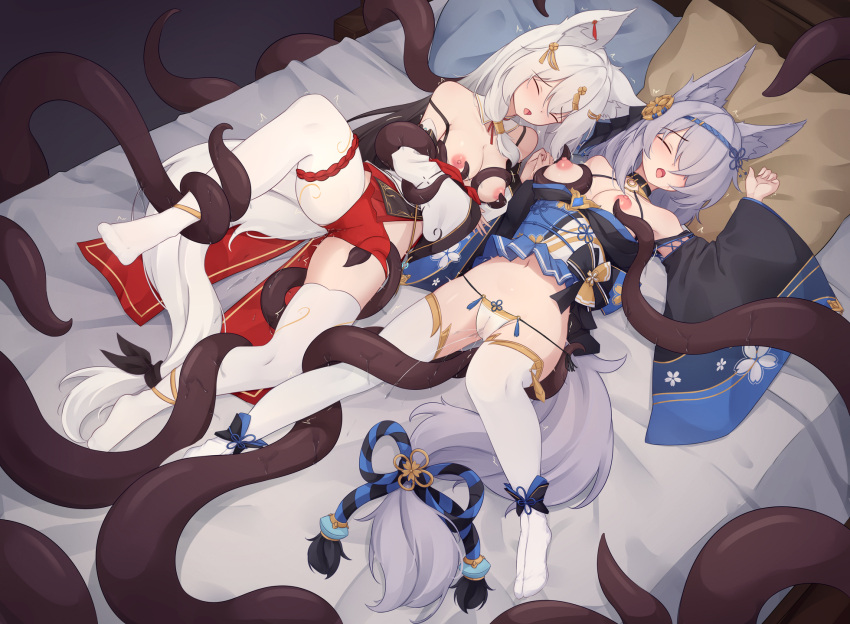 2girls animal_ear_fluff animal_ears black_sleeves blue_dress breasts closed_eyes commentary detached_sleeves dress english_commentary female_ejaculation female_ejaculation_through_clothes fox_ears fox_girl grey_hair highres large_breasts long_hair lying multiple_girls nipples no_shoes on_back on_bed open_mouth original panties pillow red_dress sleep_molestation tentacles thighhighs trimbil underwear variant_set white_panties white_sleeves white_thighhighs