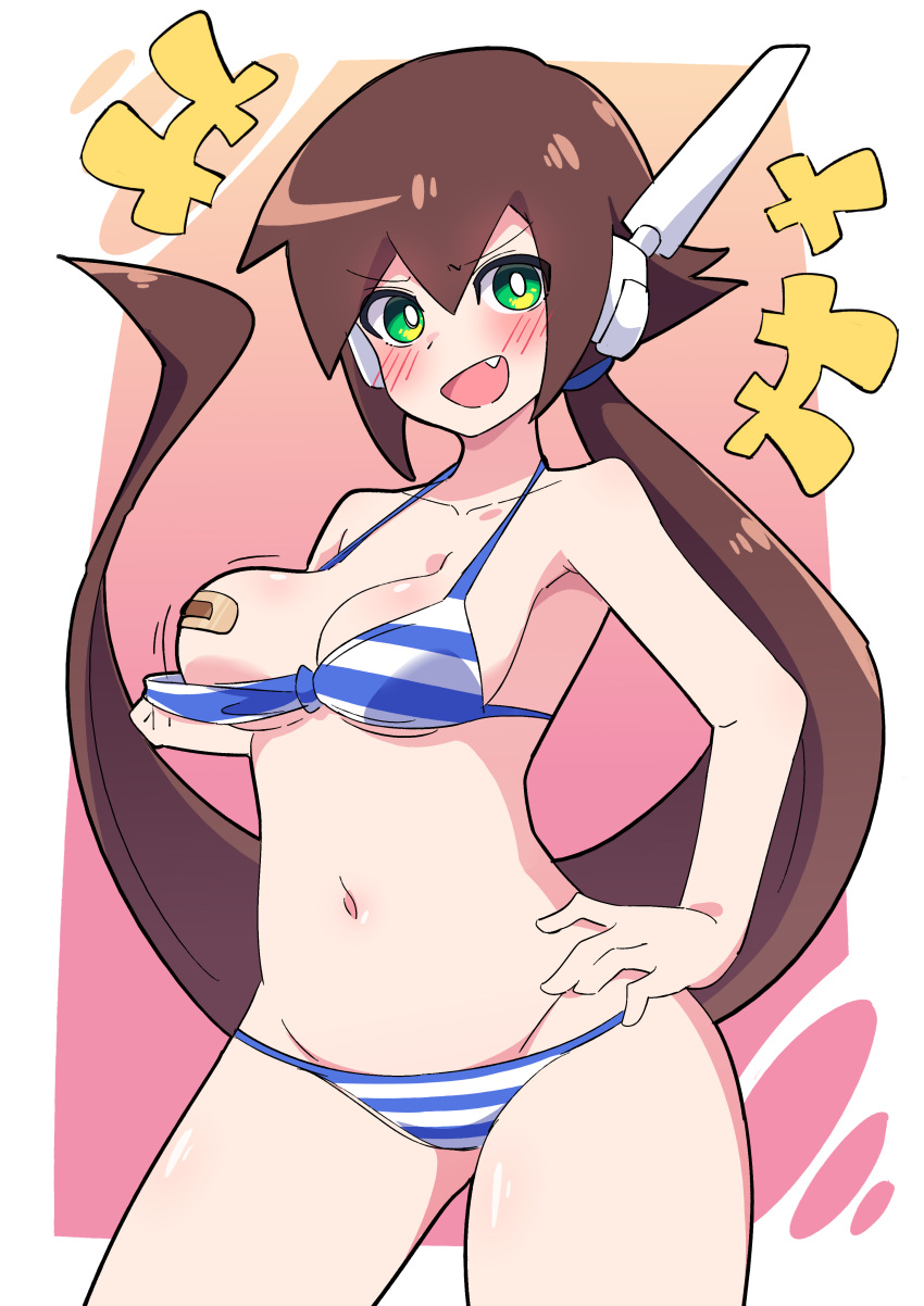 +++ 1girl absurdres aile_(mega_man_zx) bandaid bandaids_on_nipples bikini bikini_pull blue_bikini blush breasts brown_hair buzzlyears clothes_pull collarbone fang green_eyes hand_on_own_hip highres large_breasts long_hair looking_at_viewer mega_man_(series) mega_man_zx multicolored_bikini multicolored_clothes open_mouth pasties smile solo striped striped_bikini swimsuit white_bikini