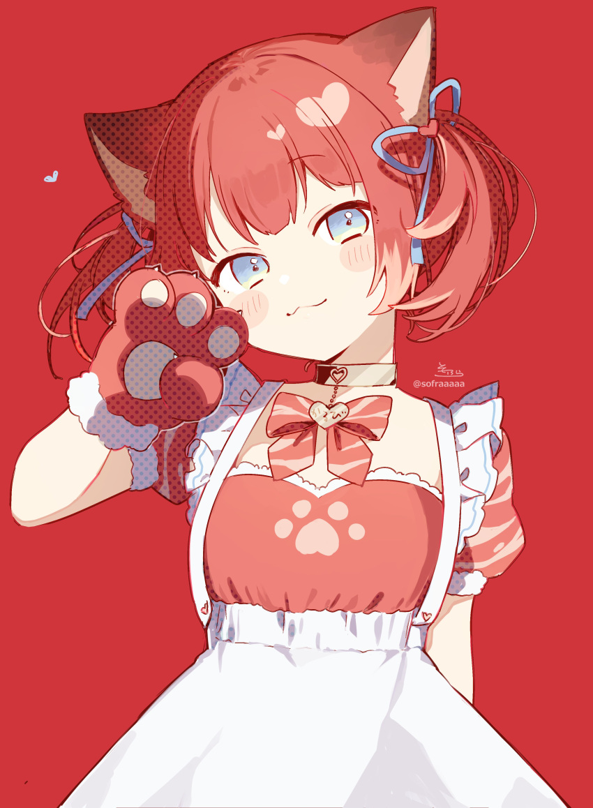 1girl :3 absurdres akami_karubi animal_ear_fluff animal_ears animal_hands apron blue_eyes blue_ribbon blush_stickers bow closed_mouth commentary_request dress fur-trimmed_gloves fur_trim gloves hair_ornament hair_ribbon hand_up head_tilt heart heart_hair_ornament highres indie_virtual_youtuber looking_at_viewer paw_gloves puffy_short_sleeves puffy_sleeves red_background red_bow red_dress red_gloves red_hair ribbon short_sleeves signature simple_background sofra solo twintails twitter_username virtual_youtuber white_apron