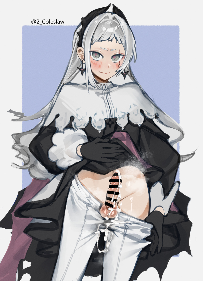 1girl arknights bar_censor black_gloves blue_background blush censored closed_mouth clothes_lift clothes_pull cowboy_shot cum cum_on_clothes cum_on_penis earrings erection futanari gloves grey_eyes grey_hair highres irene_(arknights) jewelry lifted_by_self long_hair long_sleeves mirin_chikuwa pantyhose pantyhose_pull penis pulled_by_self scar scar_across_eye skirt skirt_lift solo two-tone_background white_background white_pantyhose