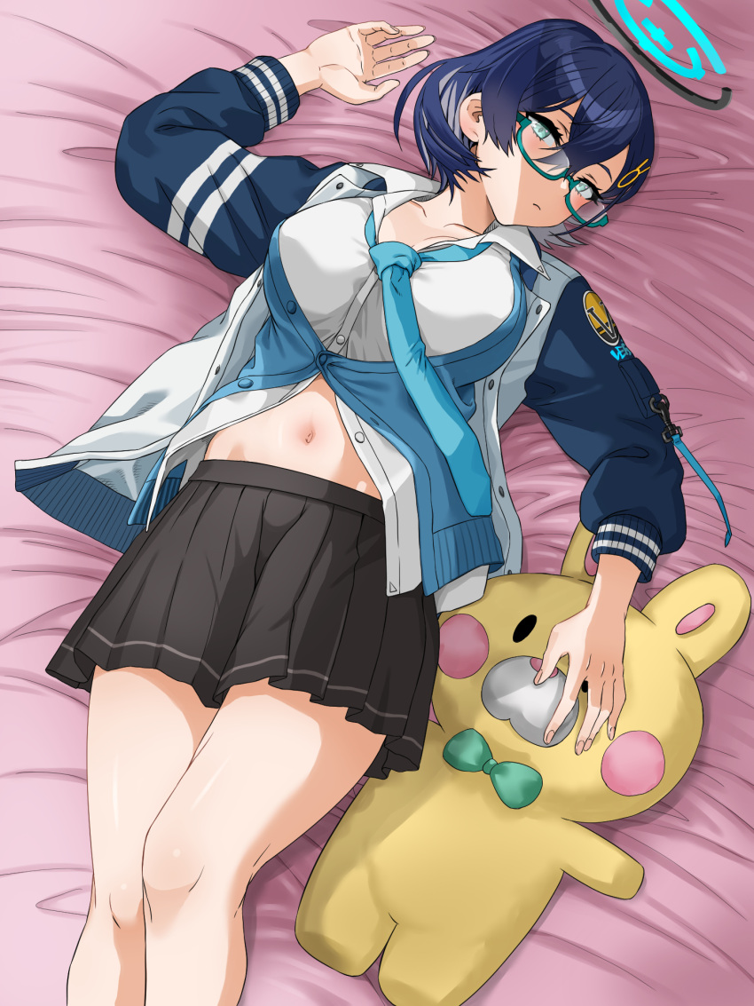 1girl aqua-framed_eyewear bed_sheet black_skirt blue_archive blue_cardigan blue_hair blue_jacket blue_necktie blush breasts cardigan chihiro_(blue_archive) closed_mouth collarbone collared_shirt commentary cowboy_shot gesso glasses green_eyes groin hair_between_eyes hair_ornament halo highres jacket large_breasts long_sleeves looking_at_viewer loose_necktie lying midriff_peek multicolored_clothes multicolored_jacket navel necktie on_back open_clothes open_collar partially_unbuttoned pleated_skirt rabbit_hair_ornament semi-rimless_eyewear shadow shirt short_hair sidelocks skirt solo stuffed_animal stuffed_rabbit stuffed_toy two-tone_jacket under-rim_eyewear white_shirt