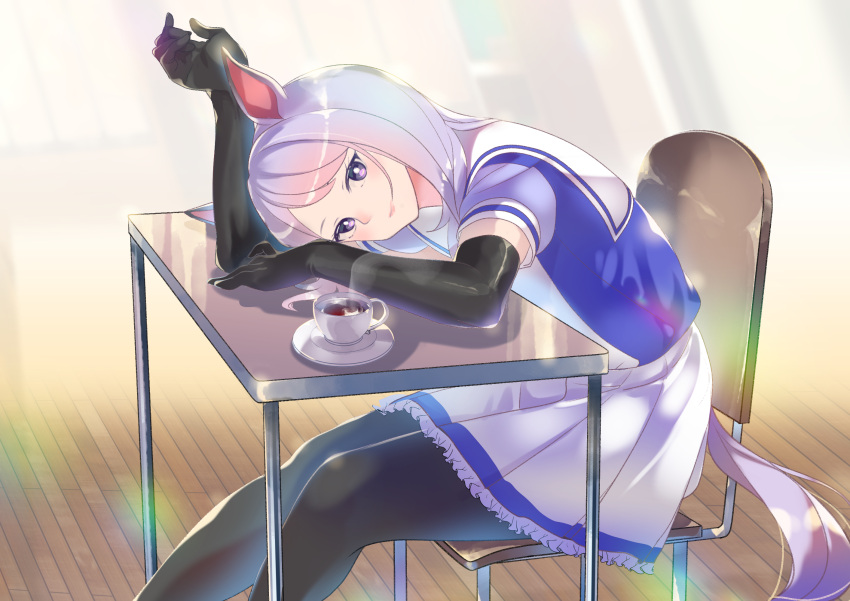1girl animal_ears black_gloves black_pantyhose closed_mouth commentary_request cup desk doushi_tatsu_to_dekkai_no elbow_gloves gloves highres horse_ears horse_girl horse_tail light light_blush looking_at_viewer mejiro_mcqueen_(umamusume) on_chair pantyhose petticoat pleated_skirt puffy_short_sleeves puffy_sleeves purple_eyes purple_hair purple_shirt school_desk school_uniform shirt short_sleeves sitting skirt smile solo summer tail teacup tracen_school_uniform umamusume white_skirt