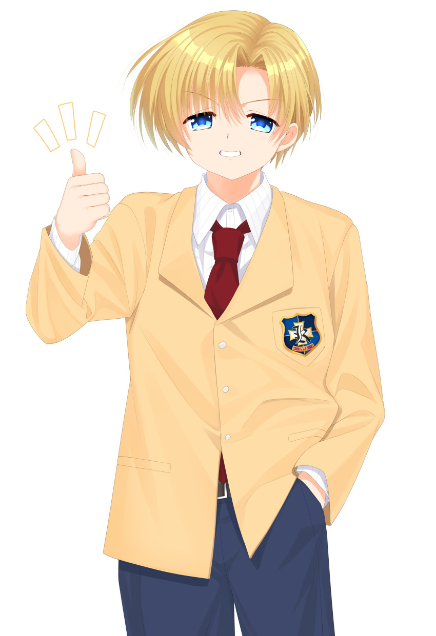 1boy absurdres blazer blonde_hair blue_eyes blue_pants clannad commentary_request cowboy_shot eyes_visible_through_hair grin hair_between_eyes hand_in_pocket hand_up highres hikarizaka_private_high_school_uniform jacket long_sleeves looking_at_viewer necktie notice_lines otou_(otou_san) pants red_necktie school_uniform short_hair smile solo standing sunohara_youhei thumbs_up v-shaped_eyebrows yellow_jacket