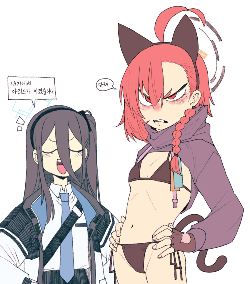 2girls absurdres ahoge alternate_costume animal_ears aris_(blue_archive) bikini black_bikini black_gloves black_hair blue_archive blue_necktie blush braid cat_ears cat_tail clenched_teeth closed_eyes coat cocomayo29_(tomato) collared_shirt fake_animal_ears fake_tail fingerless_gloves flat_chest frown gloves groin hairband halo hands_on_own_hips highres korean_text long_hair long_sleeves mole mole_under_eye multiple_girls navel necktie neru_(blue_archive) notice_lines red_hair shirt shrug_(clothing) single_braid smile speech_bubble string_bikini swimsuit tail teeth translation_request v-shaped_eyebrows white_background white_coat white_shirt