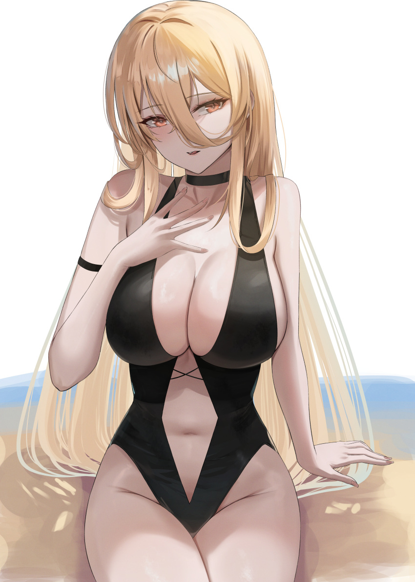 1girl absurdres alternate_costume arm_strap azur_lane bare_shoulders black_choker black_one-piece_swimsuit blonde_hair breasts choker cleavage commentary_request commission hair_between_eyes hand_on_own_chest highres implacable_(azur_lane) large_breasts long_hair navel one-piece_swimsuit orange_eyes parted_lips pixiv_commission sideboob solo swimsuit thighs yamikyon