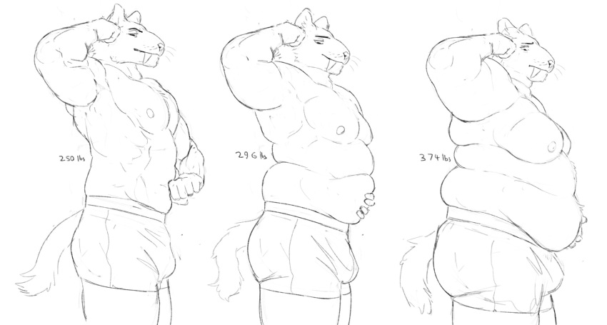 2022 abs anthro belly big_belly briefs briefs_only bulge cettus clothed clothing fat_rolls felid fit_to_fat flexing hi_res holding_belly kliment_glazkov male mammal monochrome moobs muscular muscular_anthro muscular_male nipples obese obese_anthro obese_male overweight overweight_anthro overweight_male pecs saber-toothed_tiger sad sequence side_view sketch smile solo tail topless underwear underwear_only weight_gain weights