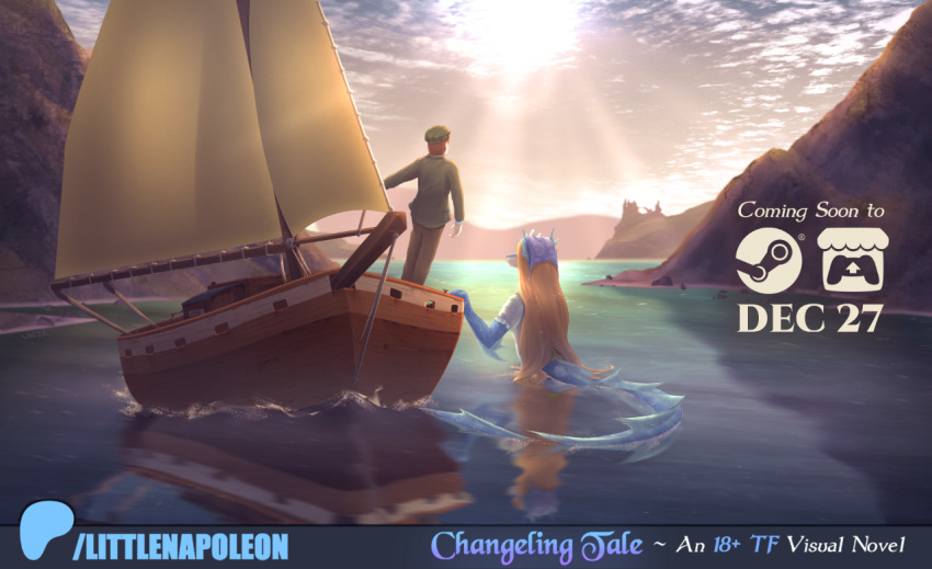 2023 anthro aquatic_dragon blonde_hair blue_body boat bottomwear brown_hair changeling_tale clothing cloud day detailed_background dragon duo female from_behind_position grace_(changeling_tale) hair littlenapoleon malcolm_(changeling_tale) male marine mountain outside pants partially_submerged sailing_boat sailing_watercraft sex ship shirt standing steam_(software) topwear valve vehicle water watercraft watsup