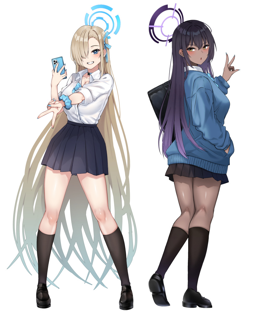 2girls :o absurdres asuna_(blue_archive) black_choker black_footwear black_hair black_skirt black_socks blonde_hair blue_archive blue_bow blue_bowtie blue_cardigan blue_eyes blue_halo blue_nails blue_ribbon bow bowtie cardigan cellphone choker commentary_request dark-skinned_female dark_skin fingernails from_behind full_body gradient_hair hair_between_eyes hair_over_one_eye hair_ribbon halo hand_in_pocket highres holding holding_phone karin_(blue_archive) loafers long_hair looking_at_viewer multicolored_hair multiple_girls nahanmin nail_polish phone pleated_skirt purple_hair purple_halo ribbon school_uniform scrunchie shirt shoes simple_background skirt smile socks standing thighs v very_long_hair white_background white_shirt wrist_scrunchie yellow_eyes