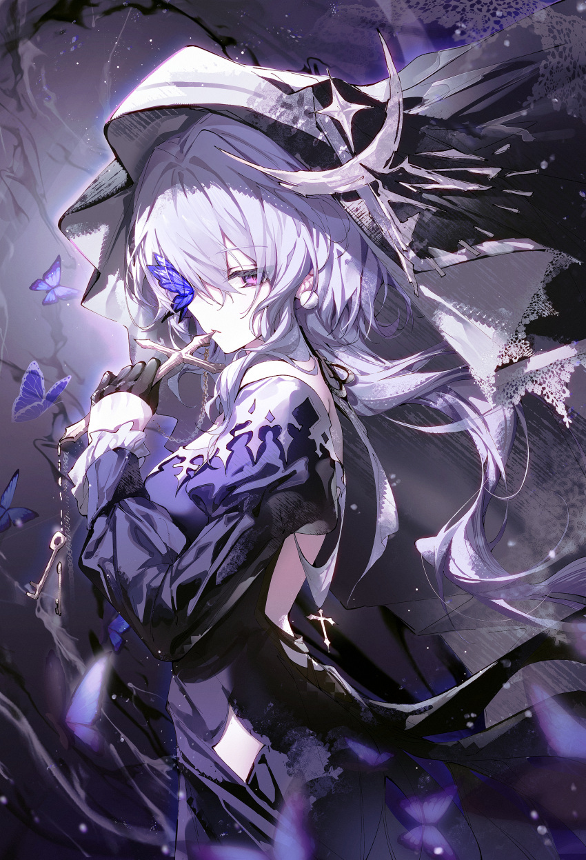 1girl absurdres arknights black_gloves blue_butterfly bug butterfly butterfly_over_eye cowboy_shot cross dress gloves hair_between_eyes half_gloves hand_up highres holding holding_cross long_hair long_sleeves nun official_alternate_costume purple_dress purple_eyes purple_hair shiro_kanae solo whisperain_(arknights) whisperain_(priory_of_abyss)_(arknights)