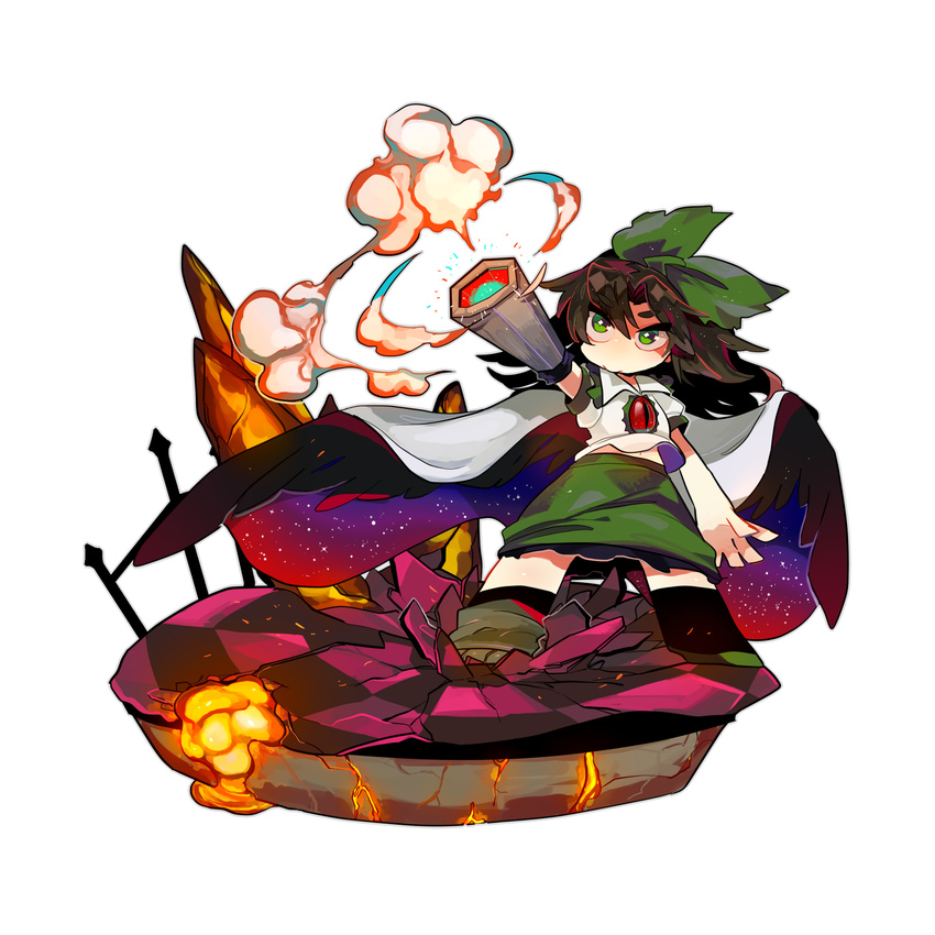 arm_cannon bird_wings black_hair black_wings bow cape cracked_floor damenaito faux_figurine full_body green_eyes hair_bow highres long_hair mismatched_footwear molten_rock red_eyes reiuji_utsuho short_sleeves simple_background smoke solo standing symbol-shaped_pupils third_eye touhou weapon white_background wings