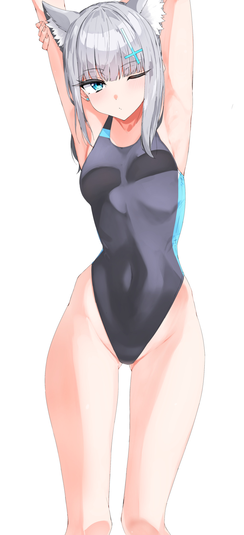 1girl absurdres animal_ears armpits arms_up bad_anatomy bare_arms bare_legs bare_shoulders black_one-piece_swimsuit blue_archive blue_eyes blush closed_mouth competition_swimsuit cross_hair_ornament feet_out_of_frame grey_hair hair_ornament highres isocha medium_hair official_alternate_costume one-piece_swimsuit one_eye_closed shiroko_(blue_archive) shiroko_(swimsuit)_(blue_archive) simple_background solo swimsuit white_background wolf_ears