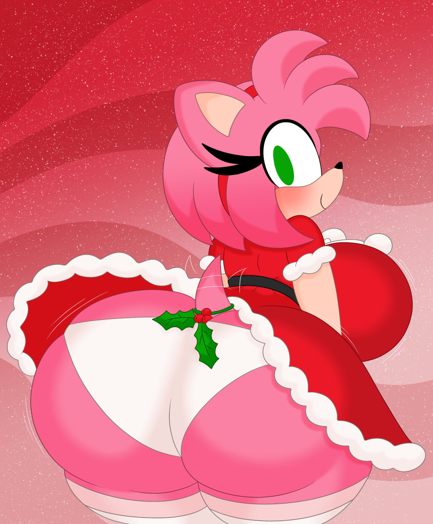 2023 3barts absurd_res accessory amy_rose anthro big_breasts black_nose blush bouncing_breasts bouncing_butt breast_jiggle breasts butt butt_jiggle christmas christmas_clothing christmas_dress clothed clothing curvy_figure digital_drawing_(artwork) digital_media_(artwork) dress eulipotyphlan eyelashes female fur green_eyes hair headband hedgehog hi_res holidays hourglass_figure huge_breasts jiggling looking_at_viewer looking_back looking_back_at_viewer mammal mistletoe mistletoe_on_tail multicolored_body multicolored_fur panties pink_body pink_fur pink_hair plant presenting presenting_hindquarters red_clothing red_dress sega short_hair simple_background smile solo sonic_the_hedgehog_(series) tail tail_motion tailwag tan_body tan_fur thick_thighs thigh_high_stockings two_tone_body two_tone_fur underwear waist_belt white_clothing white_panties white_underwear