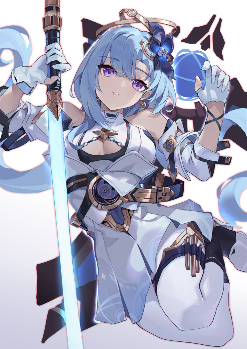 1girl asc11 bare_shoulders belt blue_hair blue_lightsaber boots breasts cleavage cleavage_cutout closed_mouth clothing_cutout detached_sleeves dress earrings energy_sword flower gloves griseo griseo_(cosmic_expression) hair_flower hair_ornament highres holding holding_sword holding_weapon honkai_(series) honkai_impact_3rd jewelry lightsaber long_hair looking_at_viewer medium_breasts pantyhose parted_lips purple_eyes simple_background smile solo sword thighhighs weapon white_background white_dress white_gloves white_thighhighs