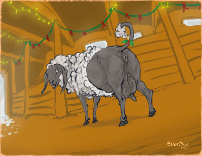 barn beastmilk bovid butt caprine decoration female feral festive genitals half_shorn inside mammal partially_shorn pussy sheep teats udders