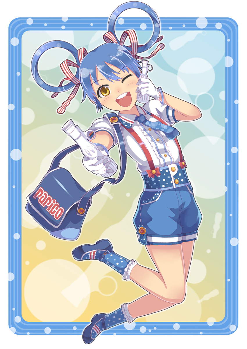 bag blue_hair border bottle bracelet collared_shirt foreshortening full_body gloves hair_ribbon hair_rings highres jewelry necktie open_mouth original outside_border papico_(ice_cream) ribbon round_teeth shingo_(picturepuzzle) shirt shorts smile solo striped suspenders teeth white_border white_gloves yellow_eyes