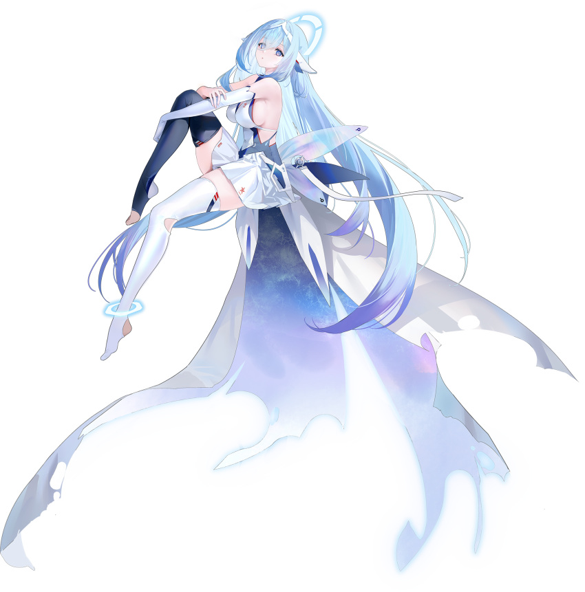 1girl :o asymmetrical_legwear azur_lane bare_shoulders black_thighhighs blue_eyes blue_hair breasts cape constellation_(azur_lane) dress elbow_gloves from_side full_body gloves gradient_eyes gradient_hair hair_between_eyes hair_ornament halo hand_on_own_arm headgear highres holding_own_leg holster invisible_chair knee_up large_breasts leg_up long_hair looking_at_viewer mimoza_(96mimo414) mismatched_legwear multicolored_cape multicolored_clothes multicolored_eyes multicolored_hair multicolored_wings no_shoes non-web_source official_art parted_lips pleated_dress purple_eyes purple_hair sideboob single_elbow_glove single_glove sitting sleeveless sleeveless_dress solo thighhighs thighs toeless_legwear torn_cape torn_clothes two-sided_cape two-sided_fabric very_long_hair weapon_case white_dress white_gloves white_thighhighs wings zettai_ryouiki