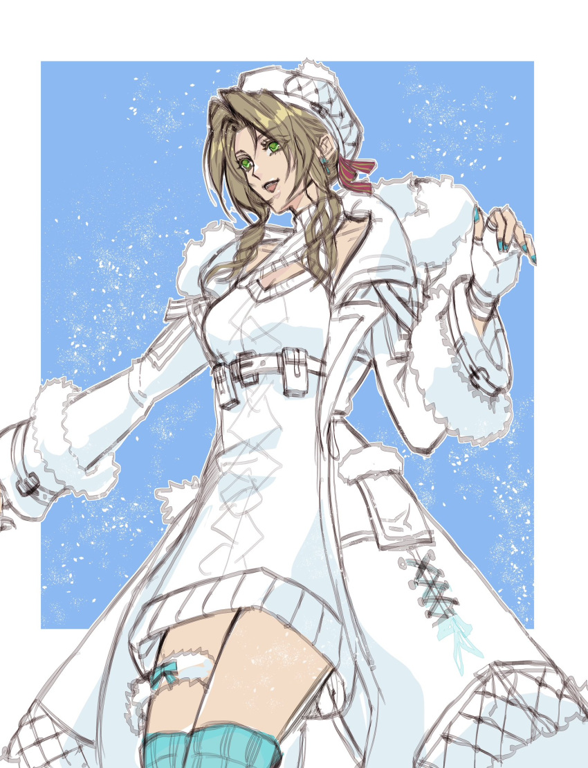 aerith_gainsborough aerith_gainsborough_(fairy_of_snowfall) aqua_nails aqua_thighhighs blue_background border breasts bridal_garter brown_hair cleavage cleavage_cutout clothing_cutout coat cowboy_shot dress earrings eni_(yoyogieni) final_fantasy final_fantasy_vii final_fantasy_vii_ever_crisis final_fantasy_vii_remake fingerless_gloves fur-trimmed_coat fur_trim gloves green_eyes hair_ribbon halter_dress halterneck hat highres hood hood_down jewelry long_coat long_hair long_sleeves medium_breasts nail_polish official_alternate_costume open_mouth parted_bangs red_ribbon ribbon short_dress sidelocks smile sweater sweater_dress thighhighs wavy_hair white_border white_coat white_dress white_gloves white_headwear