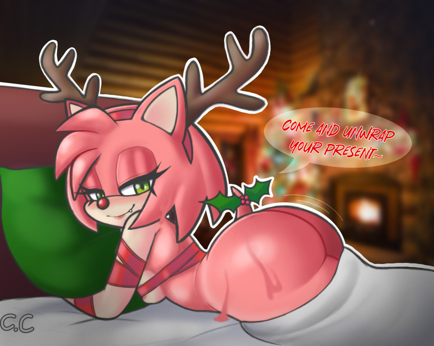 absurd_res amy_rose anthro antler_headband antlers bed big_breasts big_butt breasts butt champchidi christmas christmas_clothing christmas_headwear clothing costume dump_truck_ass eulipotyphlan female fur furniture gift_wrapped headgear headwear hedgehog hi_res holidays horn lying lying_on_bed mammal mistletoe mistletoe_on_tail nude on_bed on_front pink_body pink_fur plant sega solo sonic_the_hedgehog_(series) wrapped_up