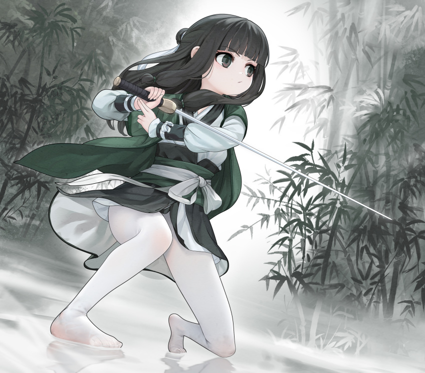 1girl absurdres bamboo bamboo_forest black_hair brown_eyes chinese_clothes commentary english_commentary forest full_body highres holding holding_sword holding_weapon long_hair long_sleeves nature no_shoes obi on_one_knee original outdoors pantyhose puffy_long_sleeves puffy_sleeves reflection ripples sash solo sword water weapon white_pantyhose white_ph