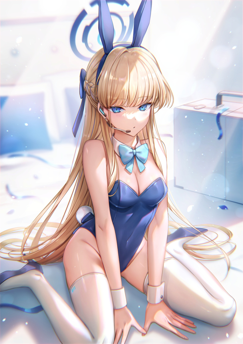1girl absurdres animal_ears blonde_hair blue_archive blue_bow blue_bowtie blue_eyes blue_footwear blue_halo blue_leotard blush bow bowtie breasts detached_collar earpiece fake_animal_ears fake_tail groin halo high_heels highres leotard long_hair looking_at_viewer medium_breasts official_alternate_costume parted_lips rabbit_ears rabbit_tail solo strapless strapless_leotard tail thighhighs toki_(blue_archive) toki_(bunny)_(blue_archive) tsugutoku white_thighhighs wrist_cuffs