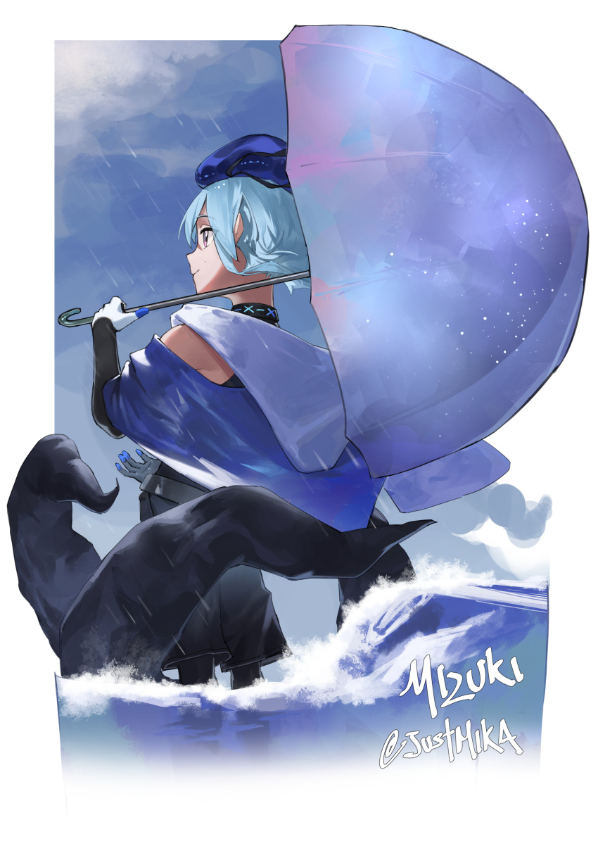 1boy absurdres arknights black_collar black_gloves black_pantyhose black_shorts blue_hair blue_headwear blue_jacket border character_name cloud cloudy_sky collar elbow_gloves from_behind gloves highres holding holding_umbrella infection_monitor_(arknights) jacket male_focus mizuki_(arknights) mkrk_mikaerukung otoko_no_ko outdoors outside_border pantyhose pantyhose_under_shorts rain shorts sky solo tentacles twitter_username two-tone_gloves umbrella wading water white_border white_gloves