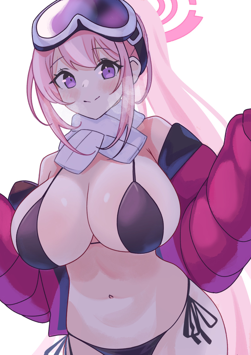 1girl absurdres ancortsu bikini black_bikini blue_archive blush breasts cleavage closed_mouth coat commentary double-parted_bangs eimi_(blue_archive) eimi_(swimsuit)_(blue_archive) goggles goggles_on_head hair_between_eyes halo hands_up heavy_breathing highres jacket large_breasts long_sleeves looking_at_viewer navel official_alternate_costume official_alternate_hairstyle pink_hair pink_halo pink_jacket puffy_long_sleeves puffy_sleeves purple_eyes scarf side-tie_bikini_bottom ski_goggles smile solo stomach swimsuit upper_body white_scarf winter_clothes winter_coat