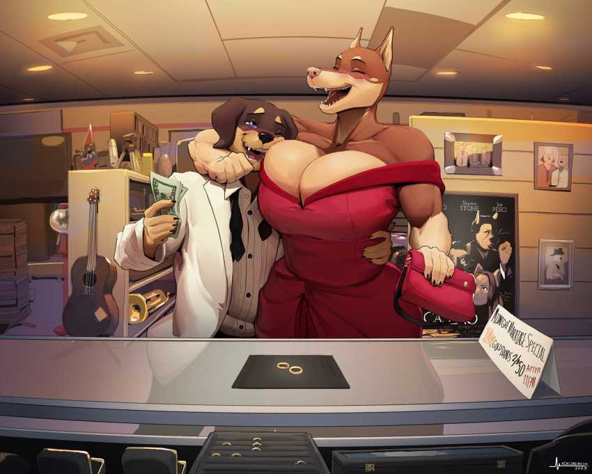 2023 absurd_res anthro artist_name black_tie_(suit) blush breasts brown_body brown_fur canid canine canis cleavage clothed clothing daniel_porter dobermann domestic_dog dress duo eyebrows eyes_closed female fingers fur greasymojo hi_res inside male male/female mammal money one_eye_closed open_mouth pinscher purse ring suit tan_body tan_fur teeth tracy_porter waist_grab