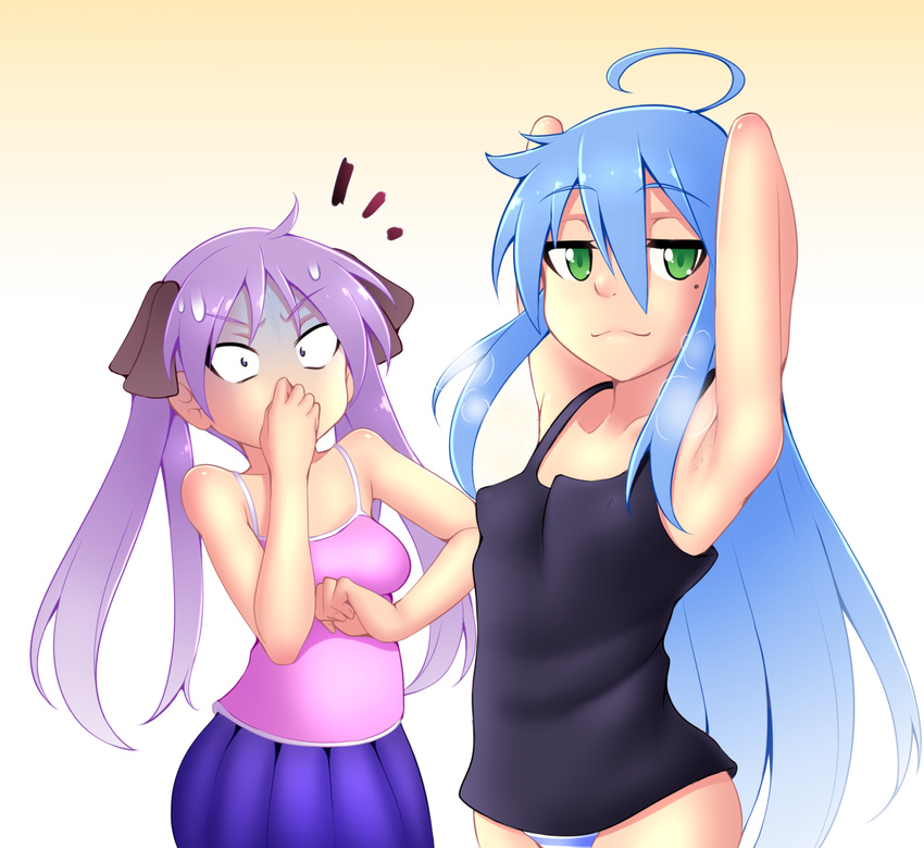 ahoge armpits arms_up blue_hair camisole constricted_pupils cowboy_shot ghettoyouth gradient_background green_eyes hair_ornament hiiragi_kagami izumi_konata long_hair looking_at_another looking_at_viewer lucky_star mole mole_under_eye multiple_girls no_pants panties purple_hair simple_background smell striped striped_panties sweat twintails underwear