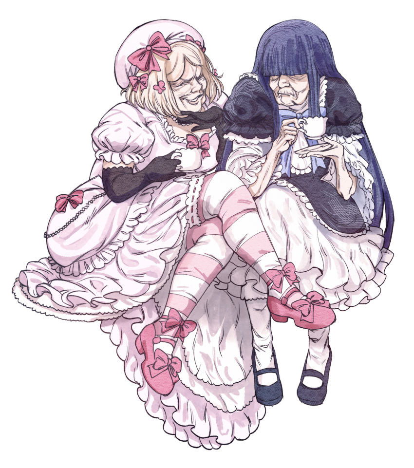 2girls absurdres aged_up beret black_gloves blonde_hair blue_hair bow crossed_legs cup dress elbow_gloves evil_smile footwear_bow frederica_bernkastel frilled_dress frilled_thighhighs frills full_body gloves hair_ornament hair_over_eyes hat highres holding holding_cup holding_saucer invisible_chair juliet_sleeves katrinciart lambdadelta long_hair long_sleeves mary_janes medium_hair multiple_girls ojou-sama_pose parted_bangs pink_bow pink_dress pink_headwear puffy_sleeves ribbon saucer shoes simple_background sitting smile straight_hair thighhighs umineko_no_naku_koro_ni white_background wrinkled_skin