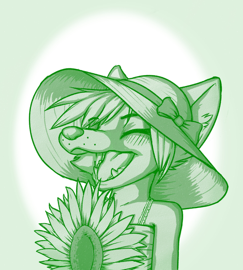 anthro blush bow canine clothed clothing fangs female fennec floppy_hat flower fox fur hair kiwiroo mammal open_mouth plant short_hair simple_background smile solo soraya_elcar sundress sunflower teeth tongue young