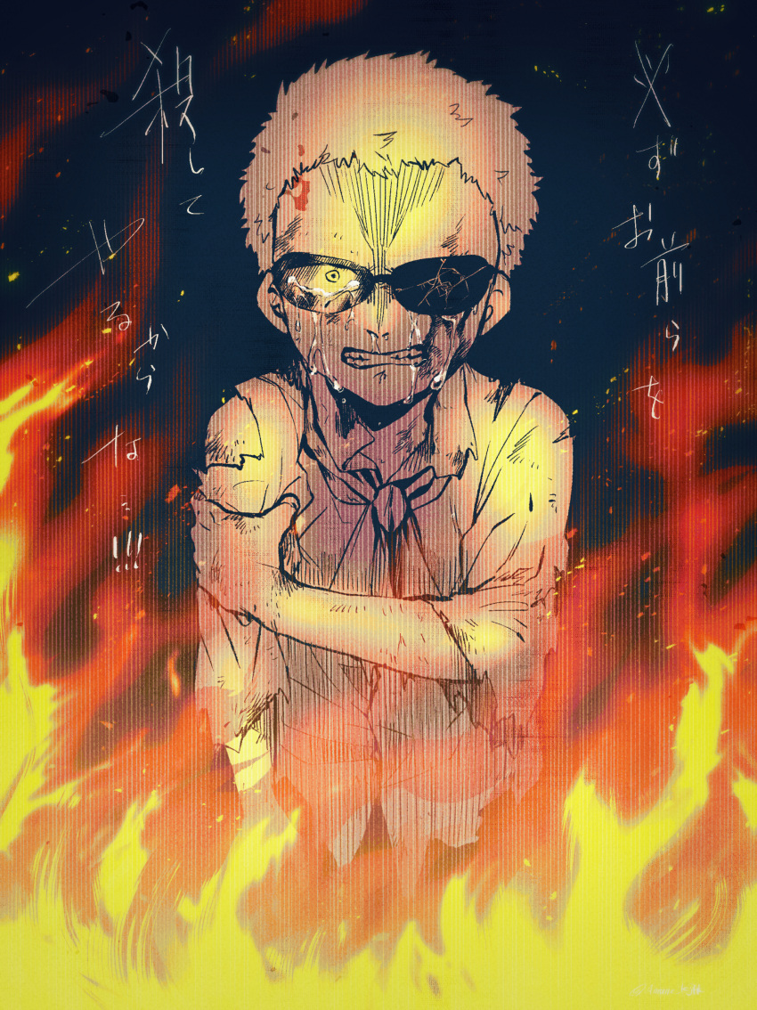 1boy absurdres aged_down amane_(yukiango69) arm_at_side black_background blood blood_on_face broken_eyewear crack cracked_glass crying donquixote_doflamingo fire grimace highres holding_own_arm looking_at_viewer male_focus neckerchief one_piece shirt short_hair short_sleeves solo sunglasses torn_clothes torn_shirt translation_request yellow_eyes