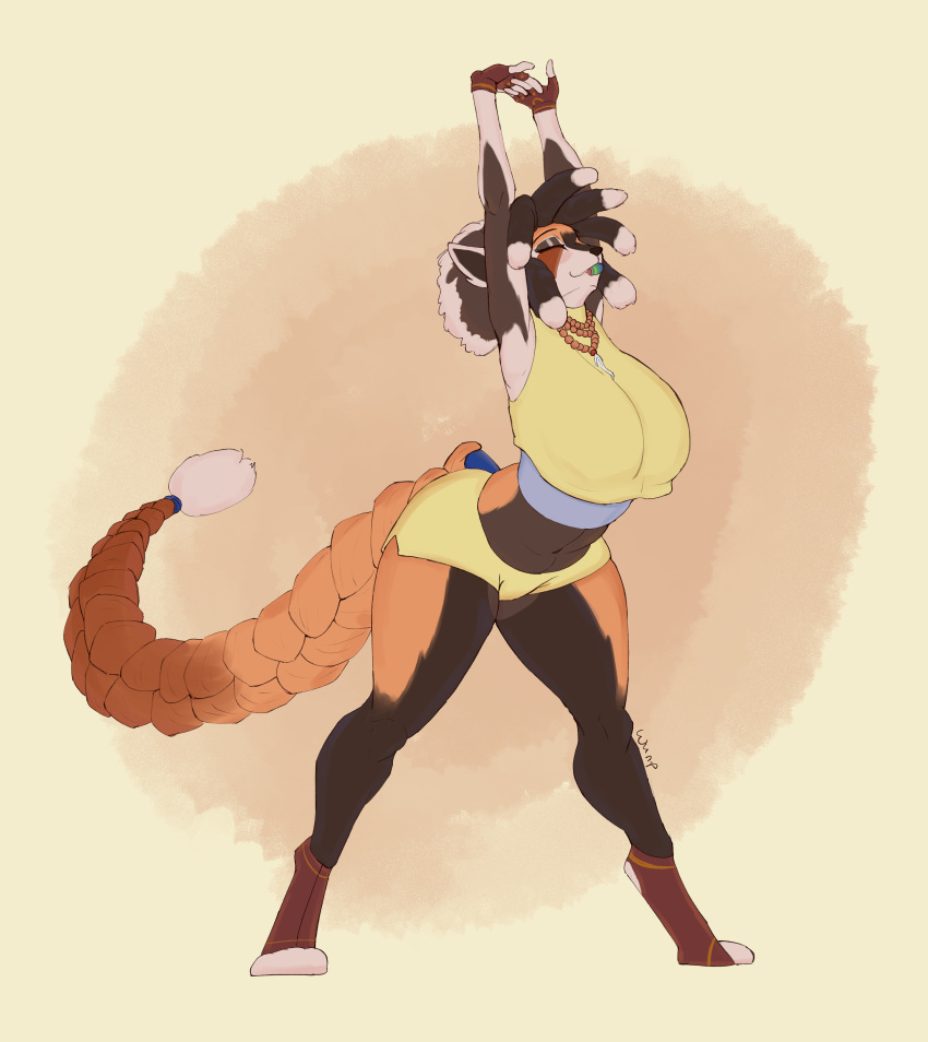 absurd_res ailurid anthro big_breasts braided_tail breasts canid canine clothing dhole dreadlocks female gloves handwear hi_res huge_breasts hybrid mammal red_panda solo thick_thighs wunp
