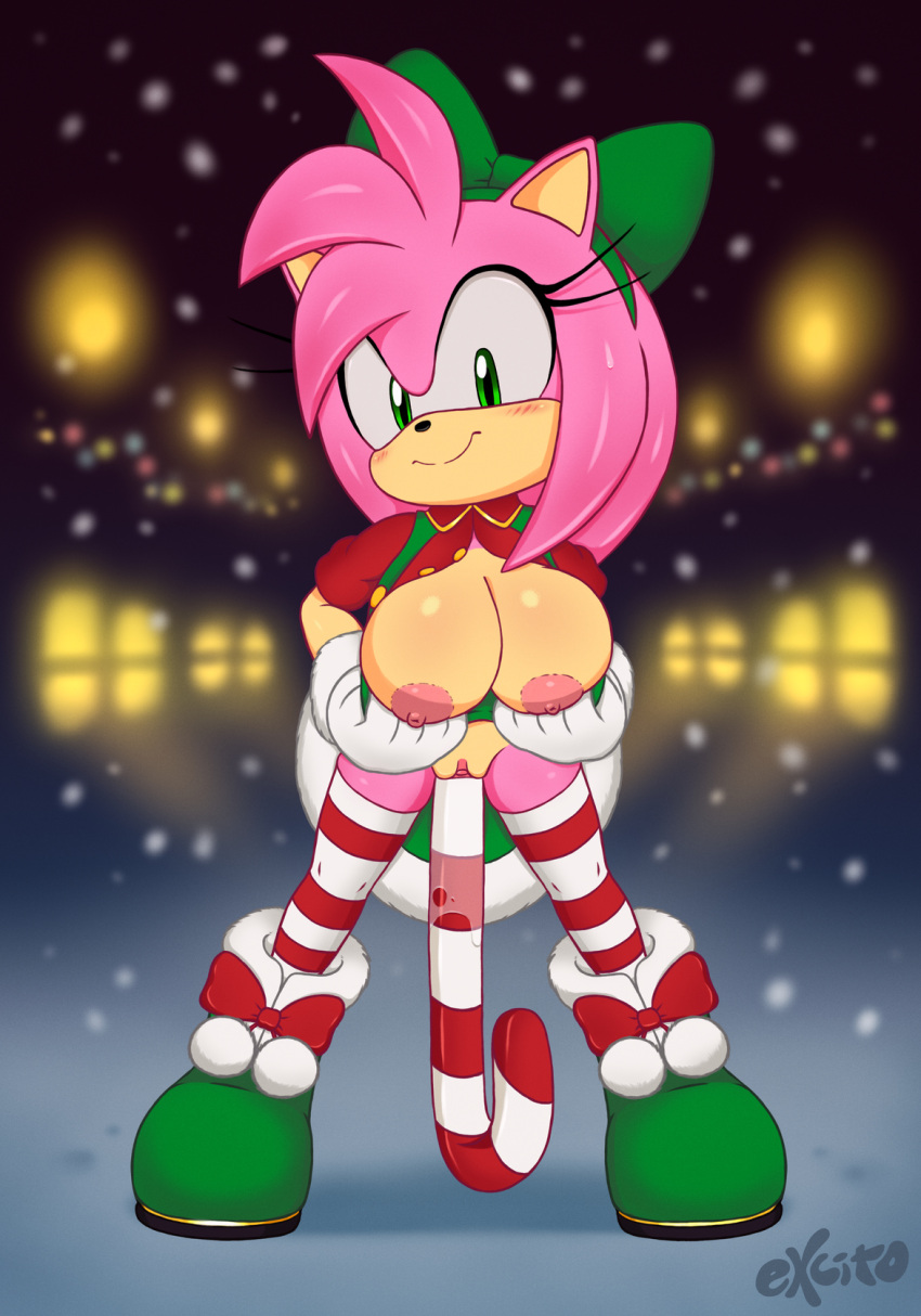 amy_rose anthro areola black_nose breasts candy candy_cane clothing dessert digital_media_(artwork) eulipotyphlan excito eyelashes female food footwear front_view genitals gloves green_eyes handwear hedgehog hi_res improvised_dildo improvised_sex_toy legwear mammal nipples pattern_clothing pattern_legwear pussy sega smile solo sonic_the_hedgehog_(series) striped_clothing striped_legwear stripes vaginal