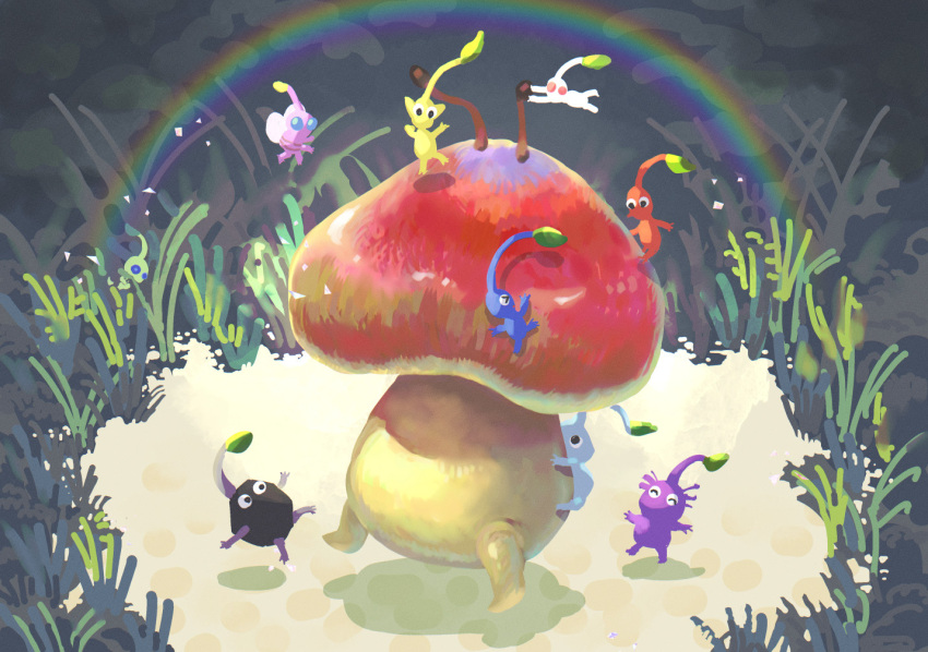 &gt;_&lt; ^_^ antennae asaikaina black_skin blue_eyes blue_pikmin blue_skin clinging closed_eyes colored_skin commentary_request flying grass ice ice_pikmin insect_wings leaf midair mushroom no_humans no_mouth pikmin_(creature) pikmin_(series) pink_skin playing plump pointy_ears pointy_nose puffstool purple_hair purple_pikmin purple_skin rainbow red_eyes red_pikmin red_skin rock rock_pikmin shadow short_hair solid_circle_eyes triangle_mouth very_short_hair white_pikmin white_skin winged_pikmin wings yellow_pikmin yellow_skin