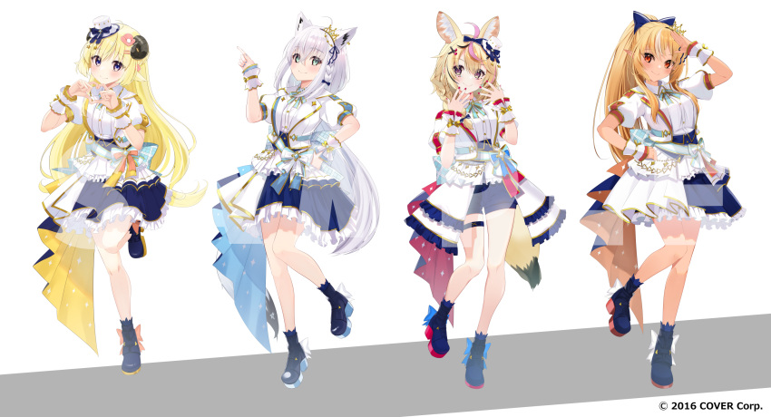 4girls animal_ears arm_up black_footwear blonde_hair blue_bow boots borumete bow dark-skinned_female dark_skin fox_ears fox_girl green_eyes hair_bow hair_ornament hairclip heart heart_hands highres hololive horns index_finger_raised multicolored_hair multiple_girls omaru_polka pink_hair ponytail purple_eyes red_nails salute sheep_ears sheep_girl sheep_horns shirakami_fubuki shiranui_flare streaked_hair tsunomaki_watame virtual_youtuber white_hair