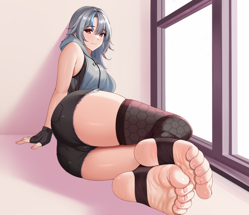 1girl absurdres ass bare_shoulders black_gloves black_shorts black_thighhighs blue_hair borrowed_character breasts closed_mouth cutoffs denim denim_shorts feet fingerless_gloves foot_focus gloves grey_hair hair_between_eyes highres hood hoodie kuroshiro_no_tsubasa large_breasts legs lying medium_hair multicolored_hair nail_polish no_shoes on_side original print_thighhighs red_eyes short_shorts shorts skindentation sleeveless sleeveless_hoodie smile soles solo stirrup_legwear streaked_hair sweat sweaty_foot thick_thighs thighhighs thighs toe_scrunch toeless_legwear toenail_polish toenails toes window