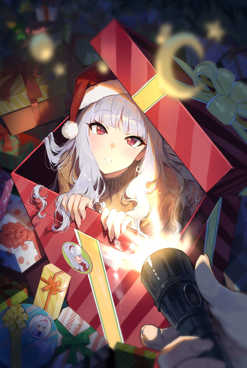 1girl 1other absurdres blush box brown_sweater flashlight fur-trimmed_headwear fur_trim gift gift_box grey_hair hat highres holding holding_flashlight idolmaster idolmaster_(classic) idolmaster_million_live! in_box in_container looking_at_viewer midnamana pov pov_hands red_eyes red_headwear santa_hat shijou_takane sweater