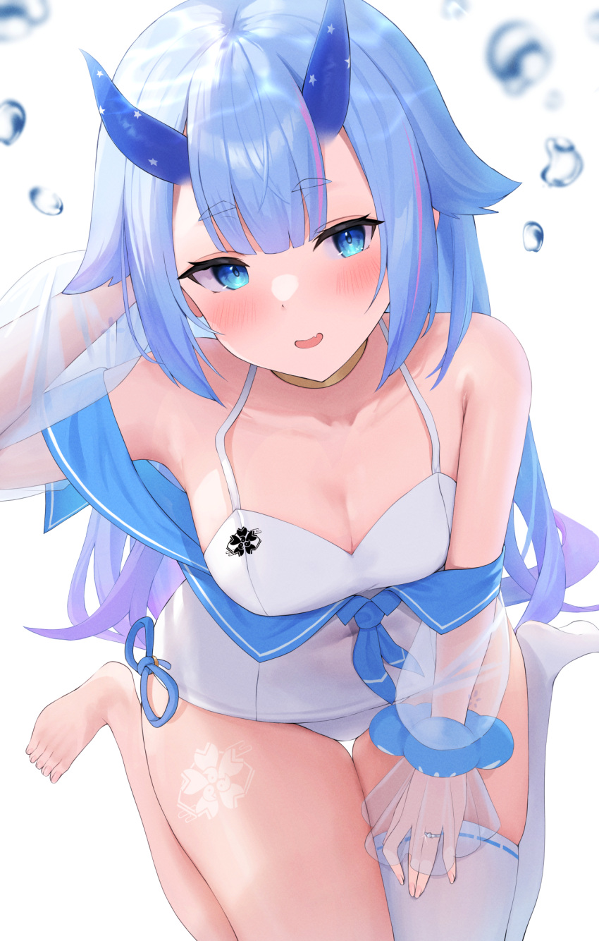 1girl air_bubble alternate_color_school_swimsuit azur_lane blue_eyes blue_hair blue_horns breasts bubble commission futon_fly_away gold_choker highres horns i-13_(azur_lane) long_hair looking_at_viewer one-piece_swimsuit open_mouth pixiv_commission ribbon-trimmed_legwear ribbon_trim sakura_empire_(emblem) school_swimsuit see-through see-through_sleeves short_eyebrows single_thighhigh small_breasts smile solo swimsuit thick_eyebrows thighhighs thighs translucent_horns very_long_hair white_background white_one-piece_swimsuit white_thighhighs