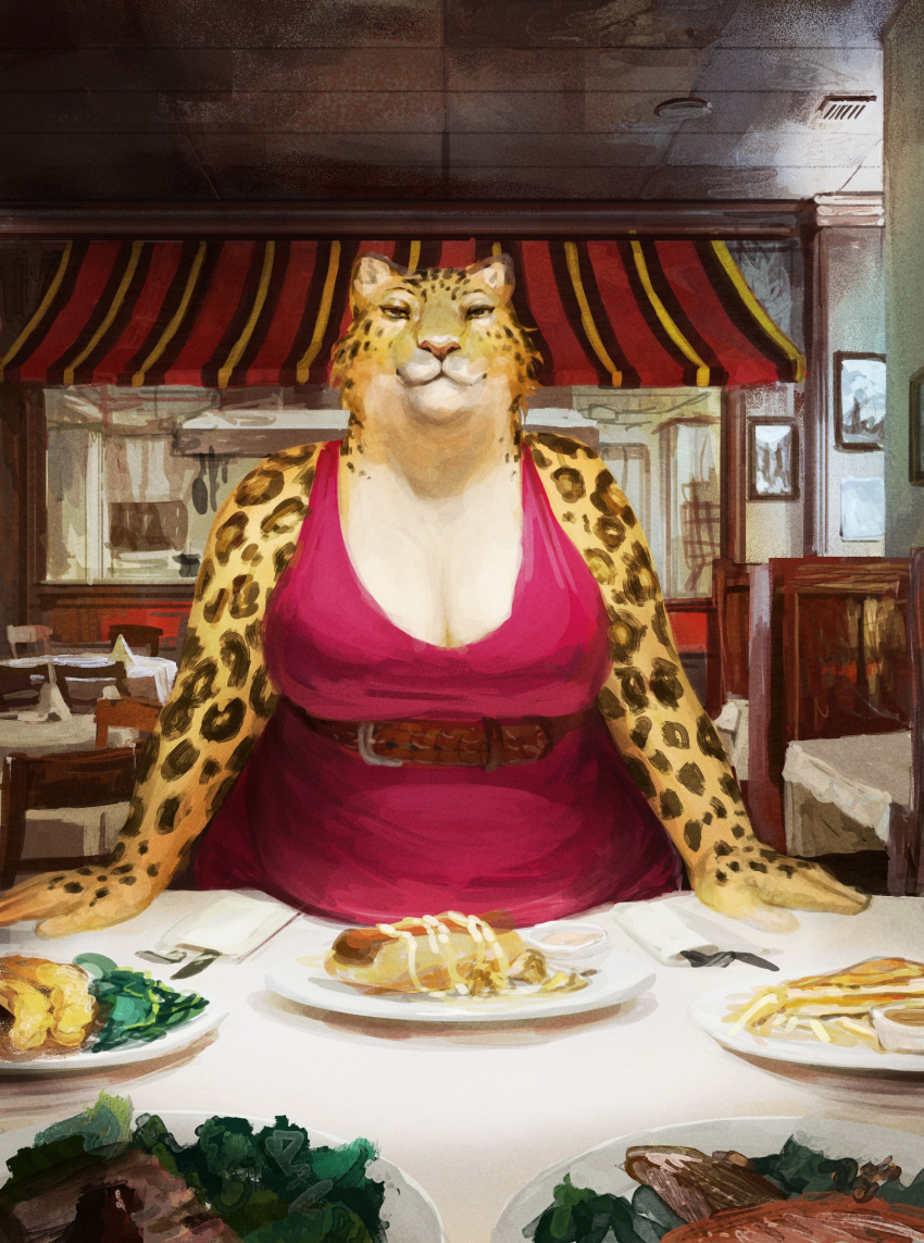 absurd_res anthro belly_on_table belt breasts ceiling cettus chair cleavage clothed clothing cutlery detailed_background dress felid female food fur furniture hands_on_table hi_res hot_dog ilse_lemaire inside jaguar kitchen_utensils leaning leaning_on_table looking_at_viewer mammal meat overweight overweight_anthro overweight_female pantherine pink_clothing pink_dress plate restaurant salad smile smirk solo table tools wood yellow_body yellow_fur