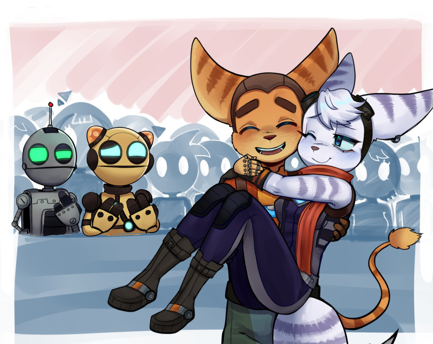 &lt;3 big_breasts blue_eyes blush breasts butt charging clank_(ratchet_and_clank) clothed clothing confusion cute_expression day duo ear_piercing ear_ring eyewear eyewear_on_head female fluffy fluffy_tail fur goggles goggles_on_head happy hi_res holding_partner insomniac_games kit_(ratchet_and_clank) lombax love machine male male/female mammal open_mouth open_smile outside piercing playing public ratchet ratchet_and_clank ring_piercing rivet_(ratchet_and_clank) robot robotic_arm romantic romantic_couple scarf signature smile sony_corporation sony_interactive_entertainment striped_body striped_fur stripes tablitacha88710 tail white_body white_fur yellow_body yellow_fur