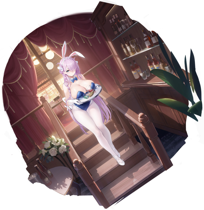 1girl alcohol animal_ears aqua_eyes artist_request azur_lane ballet_slippers bar_(place) bare_shoulders blue_bow blue_bowtie blue_leotard blush bottle bow bowtie braid breasts breasts_on_tray cleavage closed_mouth collar collarbone cup detached_collar drinking_glass fake_animal_ears flower food frilled_leotard frills full_body gloves hair_behind_ear hair_ornament hair_over_one_eye highleg highleg_leotard highres holding holding_plate holding_tray huge_breasts indoors leotard long_hair looking_at_viewer louisville_(an_order_of_dreams)_(azur_lane) louisville_(azur_lane) official_alternate_costume one_eye_covered pantyhose plate playboy_bunny purple_hair rabbit_ears reflection reflective_surface shoes stairs standing strapless strapless_leotard tray very_long_hair white_flower white_footwear white_gloves white_pantyhose