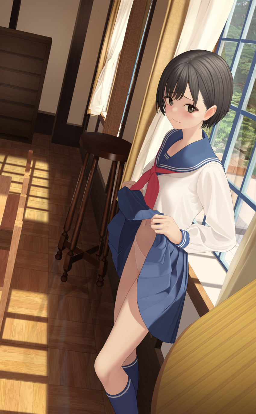 1girl absurdres black_eyes black_hair blue_sailor_collar blue_socks blush chest_of_drawers clothes_lift commentary_request curtains embarrassed highres indoors kneehighs legs lifted_by_self long_sleeves mottsun_(i_40y) navel neckerchief original panties pleated_skirt red_neckerchief sailor_collar school_uniform serafuku short_hair skirt skirt_lift socks solo standing underwear uniform white_panties window