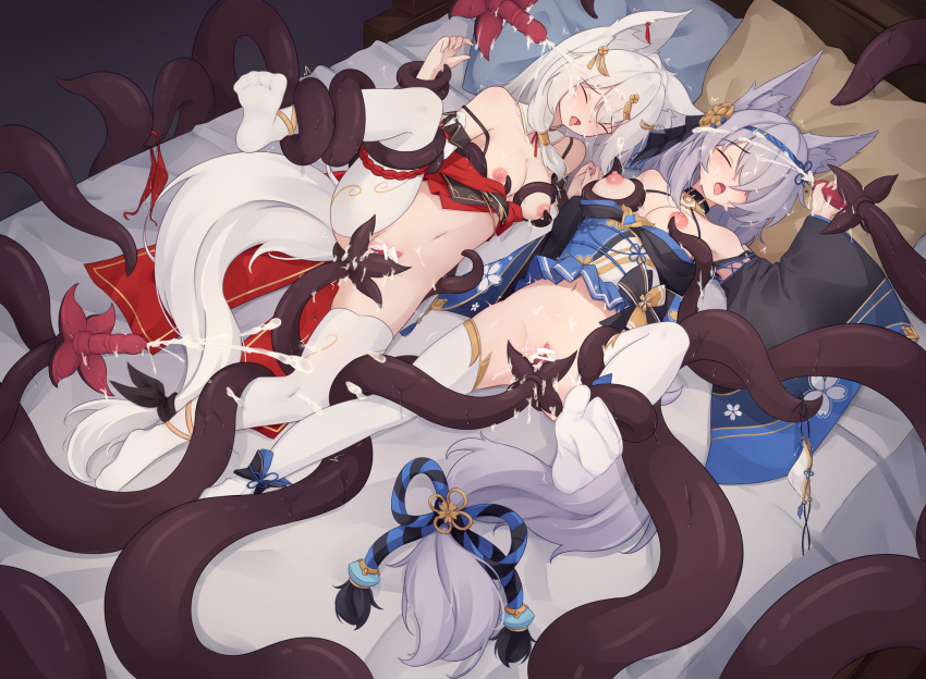 2girls animal_ear_fluff animal_ears bar_censor black_sleeves blue_dress breasts censored closed_eyes commentary cum cum_in_pussy cum_overflow detached_sleeves dress english_commentary facial fox_ears fox_girl grey_hair handjob highres large_breasts long_hair lying multiple_girls nipples no_shoes on_back on_bed open_mouth original panties pillow pussy red_dress sleep_molestation spread_legs tentacle_sex tentacles thighhighs trimbil underwear vaginal variant_set white_panties white_sleeves white_thighhighs