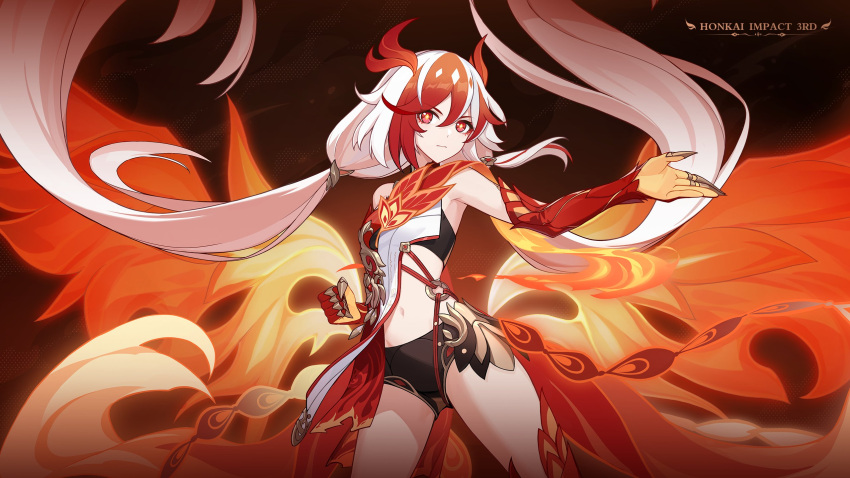 1girl animal_hands bare_shoulders belly black_shorts black_sports_bra chinese_clothes claws detached_sleeves elbow_gloves eyeliner feathers fire fu_hua fu_hua_(fenghuang_of_vicissitude) gloves hair_between_eyes highres honkai_(series) honkai_impact_3rd long_hair low-tied_long_hair low_twintails makeup multicolored_hair official_art official_wallpaper red_eyeliner red_eyes red_gloves red_hair red_rope red_scales rope scales shorts solo sports_bra sportswear streaked_hair symbol-shaped_pupils tail twintails two-tone_hair very_long_hair white_hair wings yellow_pupils